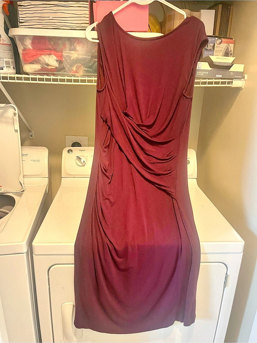 Maroon sleeveless stretchy dress with front draping. Size 12. KUT from the Kloth